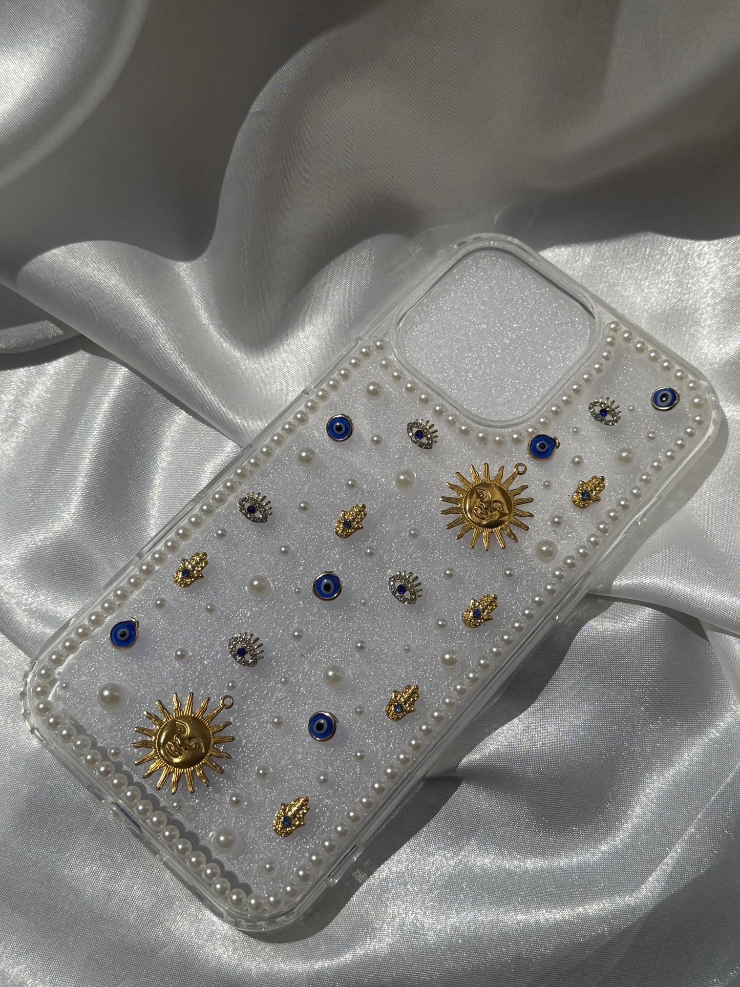 Aesthetic Rhinestone and Pearls Evil Eye Phone case