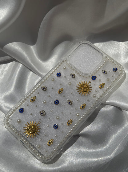 Aesthetic Rhinestone and Pearls Evil Eye Phone case