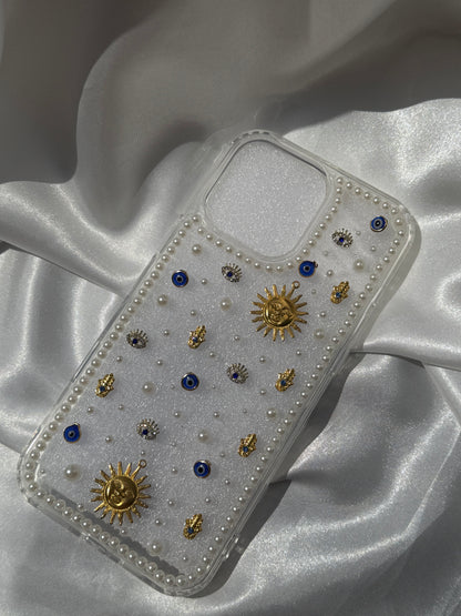 Aesthetic Rhinestone and Pearls Evil Eye Phone case