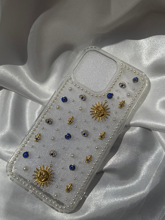 Aesthetic Rhinestone and Pearls Evil Eye Phone case