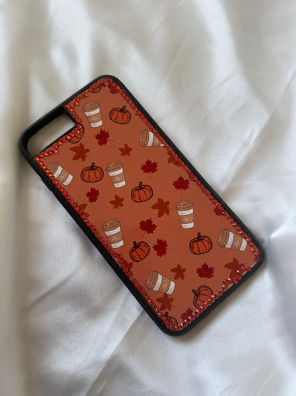 Aesthetic Rhinestone Cozy Autumn Fall Pumpkin Leaves and coffee themed Phone case