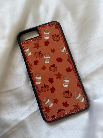 Aesthetic Rhinestone Cozy Autumn Fall Pumpkin Leaves and coffee themed Phone case